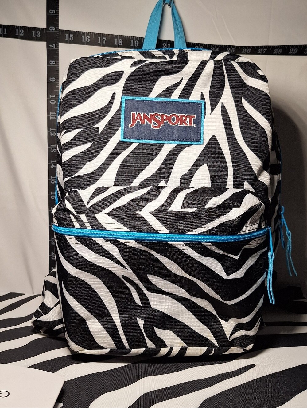 Jansport Backpack, Zebra Stripes, Black & White w/Blue Accents - Picture 2 of 16